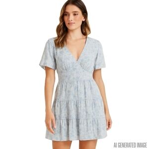 Blue Floral Tiered Babydoll Dress Large New Coquette Cottagecore Boho Ruffle Y2K